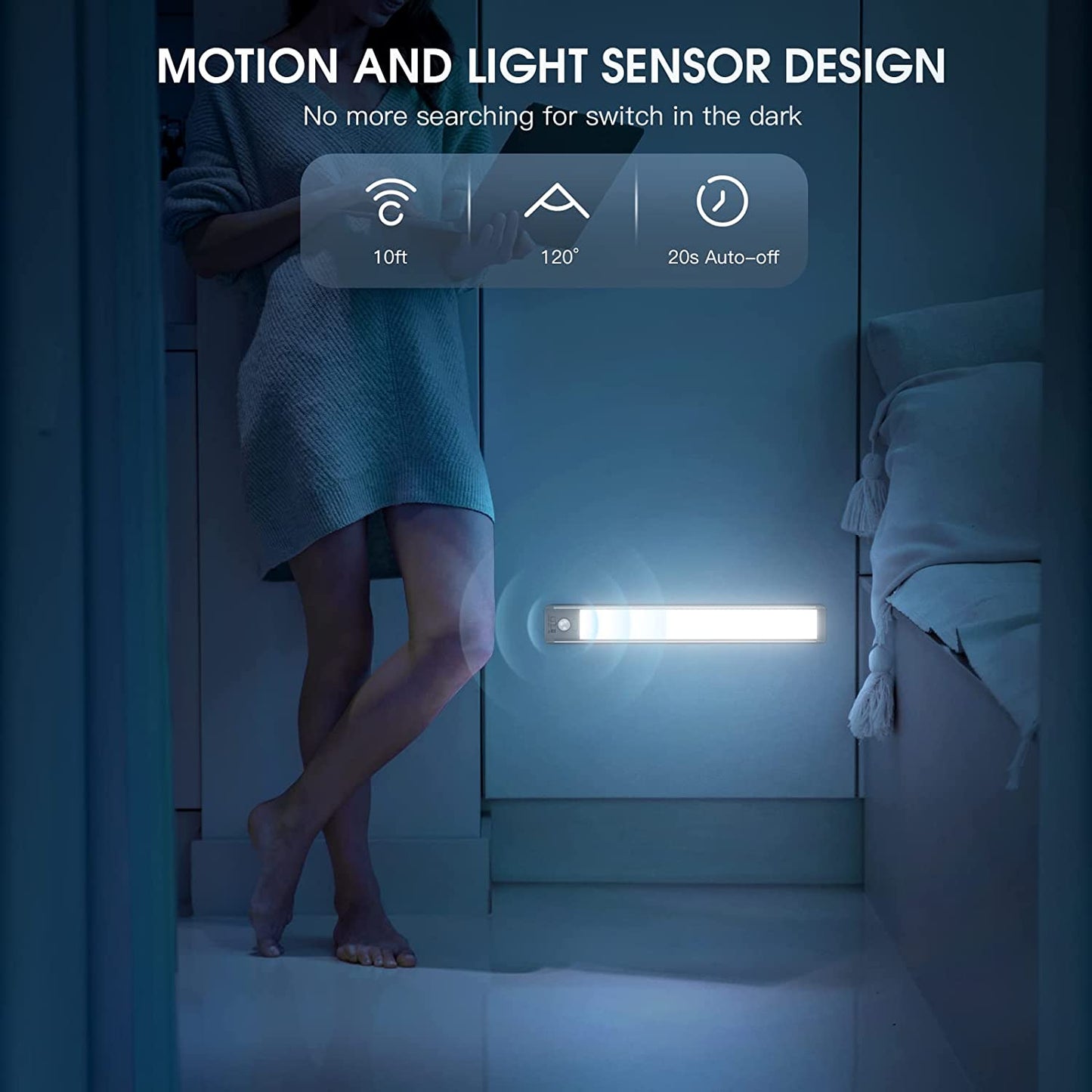 10Inch under Cabinet Lighting, 2 Pack Rechargeable Motion Sensor Light Indoor, 5 Levels Dimmable Magnetic Closet Lights, Wireless under Counter Lights for Kitchen, Stairs